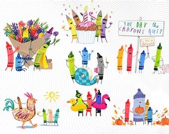 De dag dat de kleurpotloden ermee stoppen PNG-bundel, kleurrijke kleurpotloodfiguren clipart, transparante achtergrond, digitale download