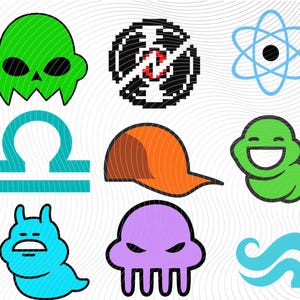 May include: A collection of nine distinct graphic icons arranged in a grid. The icons include a green skull, a pixelated black and white circular emblem, a light blue atom symbol, a teal Libra zodiac sign, an orange baseball cap, a green smiling creature, a blue slug-like character, a purple octopus-like head, and a light blue wave symbol.