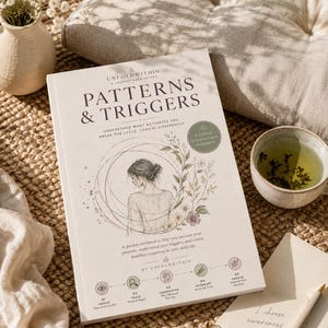 Puede incluir: Un libro de ejercicios de tapa blanda titulado Patterns & Triggers de UnfoldWithin. La portada presenta un dibujo lineal de una persona, elementos florales y patrones circulares. Incluye un proceso de autodescubrimiento de cinco etapas con texto que detalla los pasos para notar, rastrear, comprender, interrumpir y elegir.