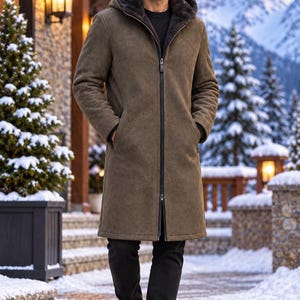 Men’s Olive Brown Hooded Long Coat, Vintage Winter Jacket, Zip Up Gothic Outerwear, Classic Casual Men’s Coat