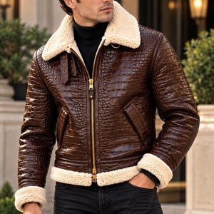 Men’s Brown Crocodile Pattern Shearling Leather Jacket, Aviator Biker Jacket with Fur Collar, Winter Motorcycle Jacket