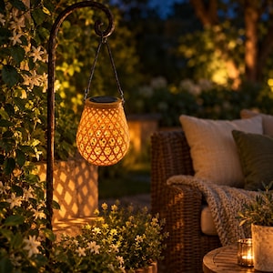 May include: A hanging solar lantern with a light brown, woven lattice pattern exterior. The lantern features a dark top panel and is suspended from a curved black metal shepherd hook, emitting a warm, glowing light that casts shadows.