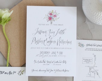 Floral Bouquet Wedding Invitation / Wildflower Calligraphy Wedding Invitation / Rustic Wedding Invitation / Classic Wedding Invitation Set