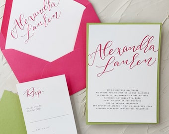 Invitación de Bat Mitzvah en rosa intenso con detalles verdes