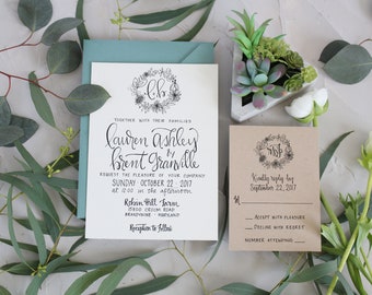 Rustic Floral Wreath Wedding Invitation . Rustic Wreath Wedding Invite . Floral Wreath Invitation