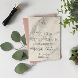 Creamy Marble Wedding Invitation . Modern Hexagon Wedding Invitation . Geometric Wedding Invitation . Vintage Wedding Invite