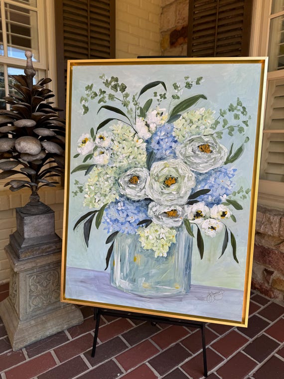 Blue Hydrangea Floral Painting on Canvas, 30x40