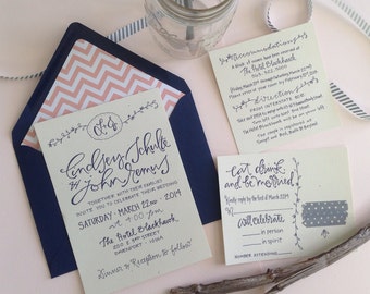 Vintage Wedding Invitation . Vintage Inspired Wedding Invitation . Navy and Cream Weding Invitation . Initial Wedding Invite