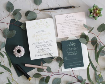 Eucalyptus Wedding Invitation . Blush and Gold Wedding Invitation Set . Green Wedding Invite . Leaves Wedding Invitation