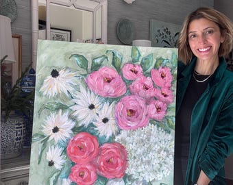 Handpainted Floral Acrylic Painting, Pink Green Flower Bouquet, 30x40 Canvas Art