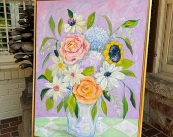 Handpainted Floral Acrylic Painting, Flowers in Vase, Large Canvas Wall Art