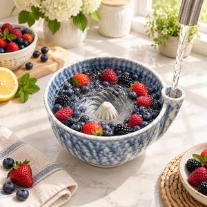Könnte beinhalten: Eine blau-weiß gemusterte Beeren-Seiher-Schüssel aus Keramik, gefüllt mit Wasser, frischen Erdbeeren, Blaubeeren und Brombeeren. Ein weißer Kegel befindet sich in der Mitte der Schüssel und ein Wasserhahn ist am Seitenrand befestigt.