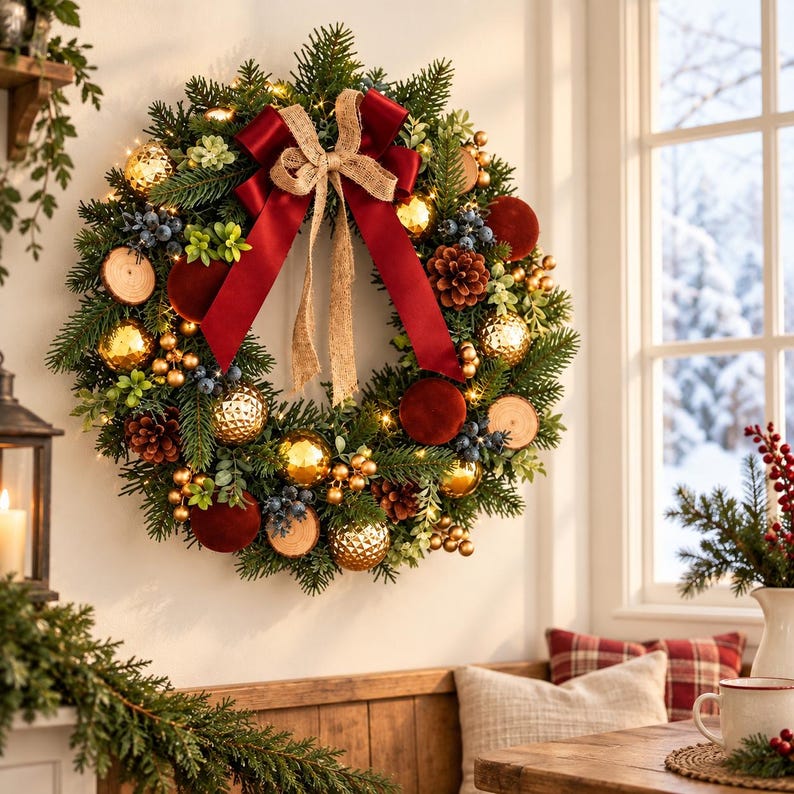 Rustic Red Ribbon Christmas Wreath, Rustic Red Bow Holiday Wreath, Front Door Decor ...