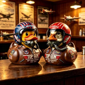 Könnte beinhalten: Zwei Gummienten als Kampfpiloten verkleidet, eine mit der Aufschrift Maverick und eine mit Goose. Beide tragen braune Bomberjacken mit dem Text Top Gun 40th Anniversary 1986-2026, US-Flaggen-Aufnähern und Flughelme mit Sauerstoffmasken.