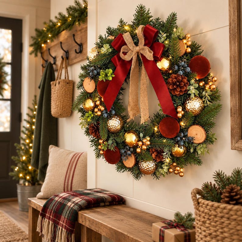 Rustic Red Ribbon Christmas Wreath, Rustic Red Bow Holiday Wreath, Front Door Decor ...