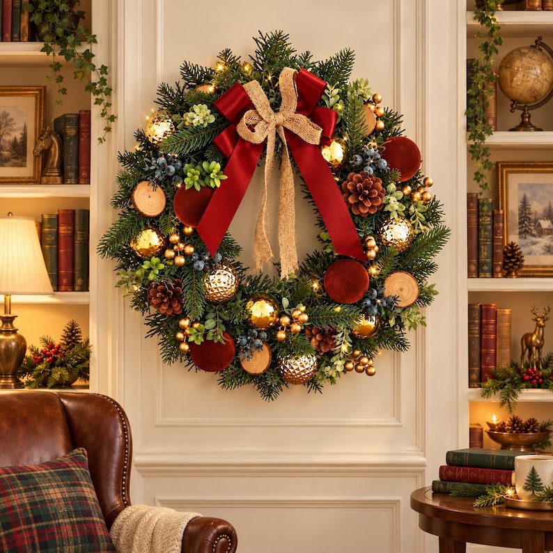 Rustic Red Ribbon Christmas Wreath, Rustic Red Bow Holiday Wreath, Front Door Decor ...