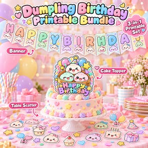 Peut inclure: Un ensemble imprimable Dumpling Birthday comprenant une bannière avec le texte HAPPY BIRTHDAY, une décoration de gâteau avec trois ravioles dans un panier vapeur, et des confettis de table incluant des cupcakes, ballons et cadeaux.