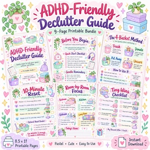 Könnte beinhalten: Ein 9-seitiges, ausdruckbares ADHD-Friendly Declutter Guide Set mit pastellfarbenen Illustrationen von Haushaltsgegenständen, Checklisten und Organisationsmethoden wie der 4-Körbe-Methode, inklusive Texten mit Titeln und Anleitungen.