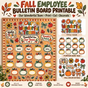 Peut inclure: Un ensemble imprimable pour tableau d'affichage d'employés sur le thème de l'automne, incluant un titre Our Wonderful Team, des étiquettes nominatives en forme de citrouille et des décorations comme des feuilles, tournesols et pommes.