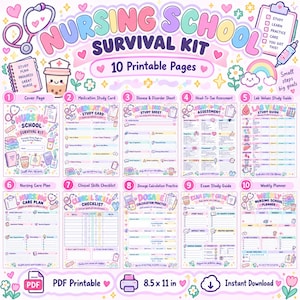 Puede incluir: Un kit de supervivencia para la escuela de enfermería digital con 10 páginas imprimibles, con ilustraciones pastel de iconos médicos, corazones y arcoíris. El texto incluye Nursing School Survival Kit, 10 Printable Pages y PDF Printable 21,6 x 27,9 cm.