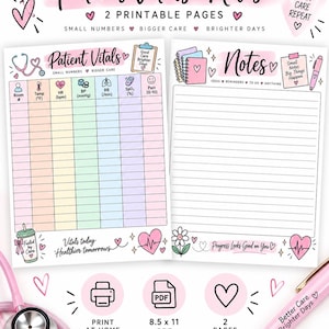 Op de afbeelding: Twee printbare pagina's getiteld Patient Vitals en Notes met pastelkleurige kolommen en rijen. De pagina Patient Vitals bevat kopteksten voor kamernummer, temperatuur, hartslag, bloeddruk, ademhalingsfrequentie, SpO2 en pijnschaal. De pagina Notes bevat gelinieerd papier om op te schrijven. Beide pagina's zijn versierd met roze hartjes, medische iconen en motiverende teksten.