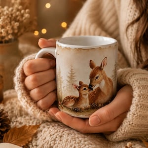 Mug Biche et Faon Illustré Automne | Tasse Céramique Forêt Cottage | Déco Cocooning Saisonnière | Idée Cadeau Nature