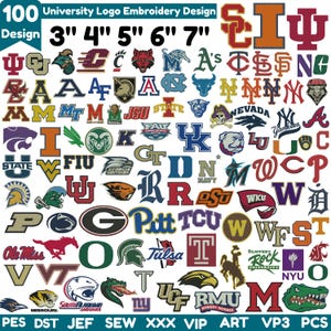 Puede incluir: Una colección digital de 100 diseños de bordado de logotipos universitarios en tamaños de 3, 4, 5, 6 y 7 cm. La imagen muestra varios logotipos de equipos deportivos universitarios, mascotas y letras en varios colores. Los formatos de archivo incluyen PES, DST, JEF, SEW, XXX, VIP, ART, VP3 y PCS.