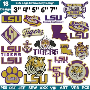 May include: A collection of 18 LSU embroidery designs in purple and gold, featuring tiger heads, paw prints, the state of Louisiana, and text including LSU, Tigers, and NCAA National Champions. Sizes 3, 4, 5, 6, and 7 cm are listed.