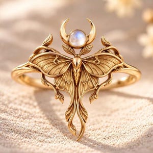 May include: A gold ring featuring a central moth design with detailed wings and a crescent moon shape at the top. A round, iridescent moonstone is set within the crescent moon, positioned above the moth's head. The band is smooth and polished.