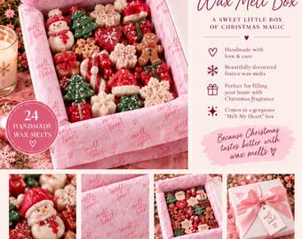 May include: A box containing 24 handmade wax melts in various Christmas shapes including snowmen, gingerbread men, Christmas trees, and presents. The box is lined with pink tissue paper printed with the text Melt My Heart.