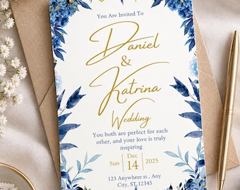 Elegante blaue Hochzeitseinladung mit Blumenmuster | Romantische Hochzeitseinladung in Gold und Marineblau