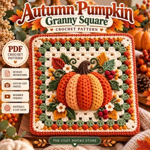 May include: A square crochet pattern featuring a central 3D pumpkin in orange and yellow, surrounded by green leaves, white flowers, and red berries. The border consists of cream, green, and orange stitches. Text reads Autumn Pumpkin Granny Square.