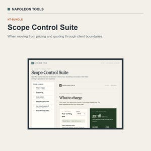 May include: A digital interface titled Scope Control Suite by Napoleon Tools, featuring a sidebar menu with options like What to charge, Expense log, and Quote builder, alongside a main display showing a What to charge calculator with hourly rates.