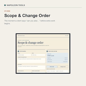 Könnte beinhalten: Eine digitale Vorlage mit dem Titel Scope & Change Order von Napoleon Tools, die Abschnitte für Projektgrundlagen, Kundendaten, Leistungsumfang, Ausschlüsse und zusätzliche Gebühren in USD zur Verwaltung von Arbeitsanfragen enthält.