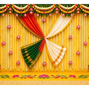 May include: A decorative backdrop featuring a yellow wall adorned with vertical white flower garlands, orange and white marigold swags, and pink lotus flowers. Draped fabrics in red, green, and white are arranged in a central pattern.
