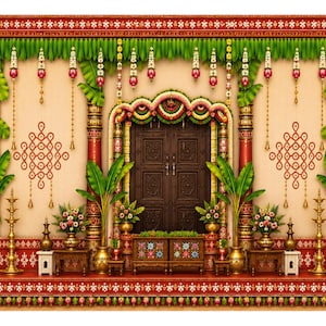 May include: A decorative backdrop featuring a central dark brown wooden door framed by ornate red and gold pillars. The scene is adorned with green banana leaves, hanging floral garlands, brass oil lamps, and intricate red geometric wall patterns.