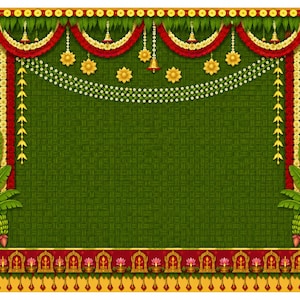 May include: A decorative backdrop featuring a textured green background framed by red and yellow floral garlands, hanging golden bells, and strings of white flowers. Banana trees with green fruit flank the sides, and a red border with lit lamps.