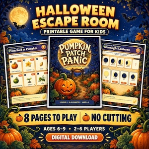 Puede incluir: Un juego de escape de Halloween imprimible para niños titulado Pumpkin Patch Panic. El set incluye hojas de juego con acertijos como From Seed to Pumpkin y Moonlight Lanterns, con gráficos de calabazas, texto y 8 páginas para jugar.