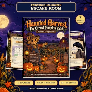 Puede incluir: Un juego de escape room de Halloween imprimible titulado Haunted Harvest The Cursed Pumpkin Patch. La imagen central muestra un espantapájaros, un laberinto de maíz, calabazas y un granero bajo la luna llena. Incluye siete acertijos y detalles.