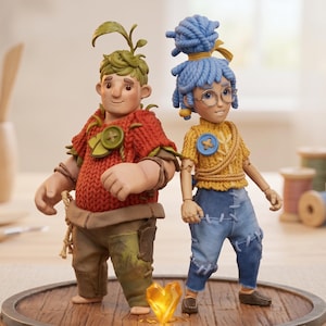 Peut inclure: Deux figurines stylisées debout sur une base circulaire en bois. La figurine de gauche porte un pull en tricot rouge avec des feuilles vertes et un pantalon marron. Celle de droite a des cheveux en laine bleue, des lunettes et un haut jaune.