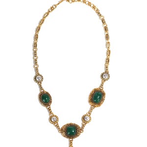 Vintage Inspired Green Crystal Pearl Necklace, Gold Tone Statement Jewelry