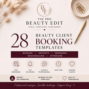 Puede incluir: Un listado de producto digital para 28 plantillas de reserva para clientes de belleza de The Pro Beauty Edit. El texto incluye Booking, Deposits, Reminders, Rescheduling y Aftercare. Los iconos representan organización y comunicación.