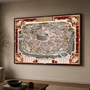 Puede incluir: Una impresión de arte mural rectangular que muestra un mapa detallado de Roma, Italia, a vista de pájaro. El mapa está centrado en el Coliseo, rodeado por un denso trazado urbano, y enmarcado por un borde rojo oscuro con filigrana dorada y la palabra ROME.