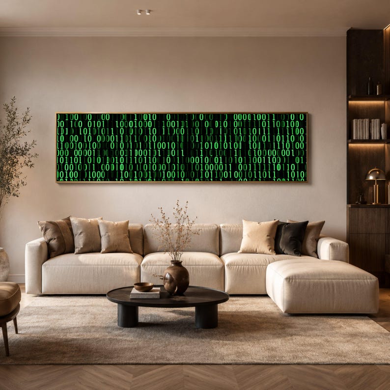 Digital Binary Code Canvas Wall Art, Green Matrix Science Decor, Technology Data Stream Canvas, Modern Tech Wall Decoration image 2