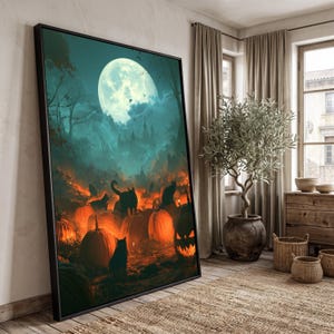 May include: A large framed wall art print featuring a dark, atmospheric scene of a pumpkin patch at night under a full moon. Silhouettes of black cats are scattered among glowing orange pumpkins, with a faint, misty castle visible in the background.