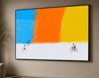 Children Playing Outdoors Canvas, Colorful Abstract Background, Kid with Butterfly Net, Boy Riding Bicycle, Minimalist Wall Art, Summer Fun