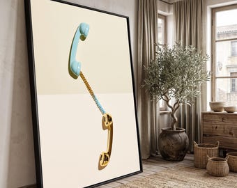 Retro Telephone Handset Canvas, Vintage Phone Wall Art, Blue and Gold Decor, Minimalist Home Decoration, Modern Classic Canvas Print