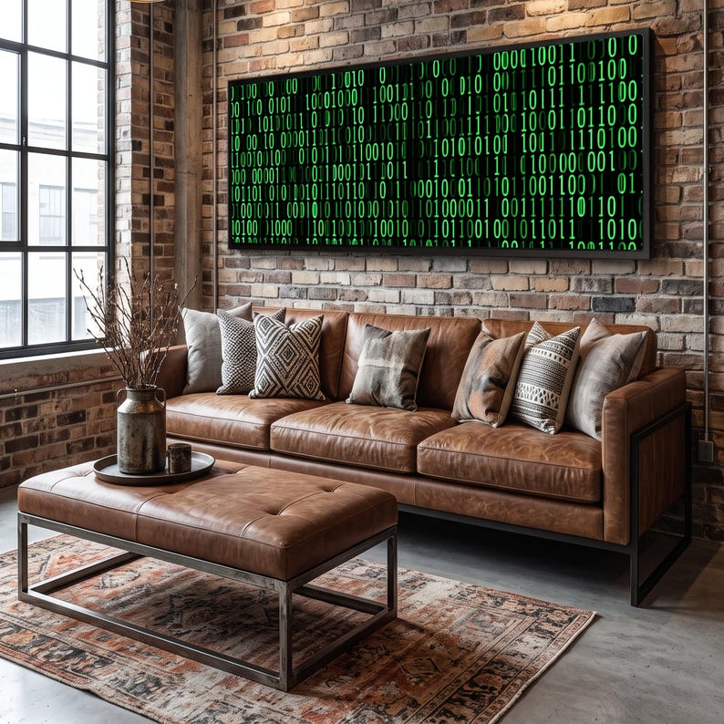 Digital Binary Code Canvas Wall Art, Green Matrix Science Decor, Technology Data Stream Canvas, Modern Tech Wall Decoration image 1