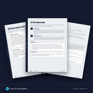 以下が含まれることがあります： 「Athletic Maintenance」と題されたデジタルドキュメントで、6ページのインスタントPDFとして表示されています。各ページには濃い青色のヘッダーとテキストセクションがあり、靴のフィット感、湿気管理、ローテーションに関するアドバイスなど、フットケアのルーチンが詳しく記載されています。