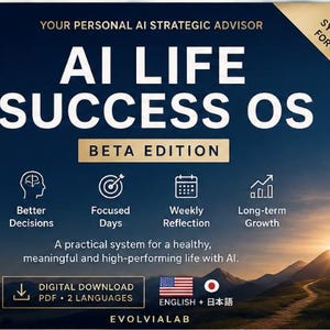 May include: A digital download titled AI LIFE SUCCESS OS BETA EDITION, featuring a sunset mountain landscape. Text includes YOUR PERSONAL AI STRATEGIC ADVISOR, AI + SYSTEMS FOR LIFE, and icons for Better Decisions, Focused Days, Weekly Reflection, and Long-term Growth.
